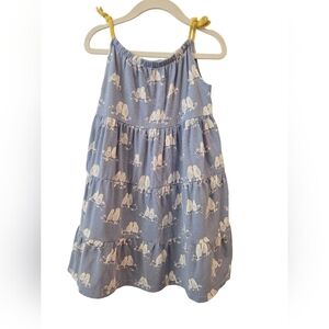 BABY BODEN LIGHT BLUE TIERED DRESS WITH PARAKEETS IN LIGHT BLUE. SIZE 3-4 YEARS.